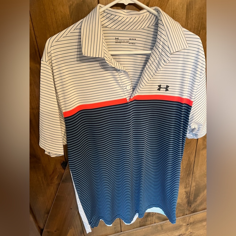 Under armour mens golf polo size large, blue, orange and white, like new